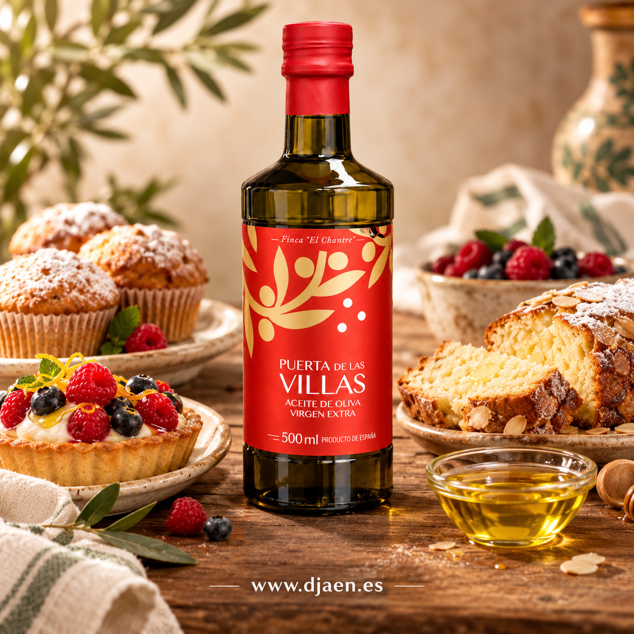 AOVE Arbequina Finca El Chantre 500 ml con repostería