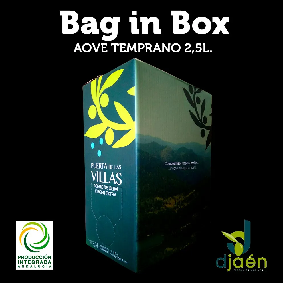 AOVE Temprano Bag in Box de 2,5 litros Puerta de Las Villas sobre fondo negro, con sello de Producción Integrada.