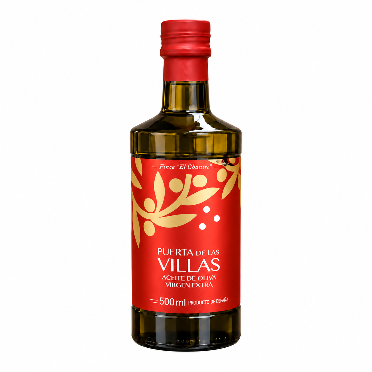 Botella ARGOS de 500 ml de aceite de oliva virgen extra Arbequina Finca El Chantre, Puerta de Las Villas, sobre fondo blanco.