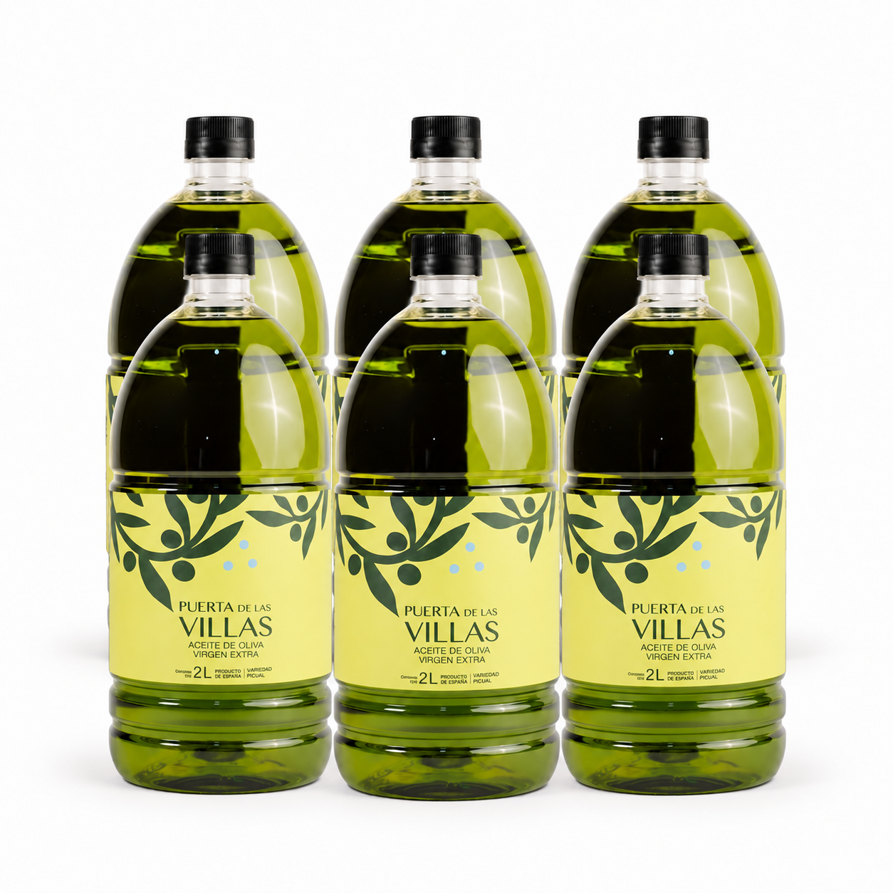 6 botellas PET 2LT Virgen Extra Picual Puerta de Las Villas sobre fondo blanco.