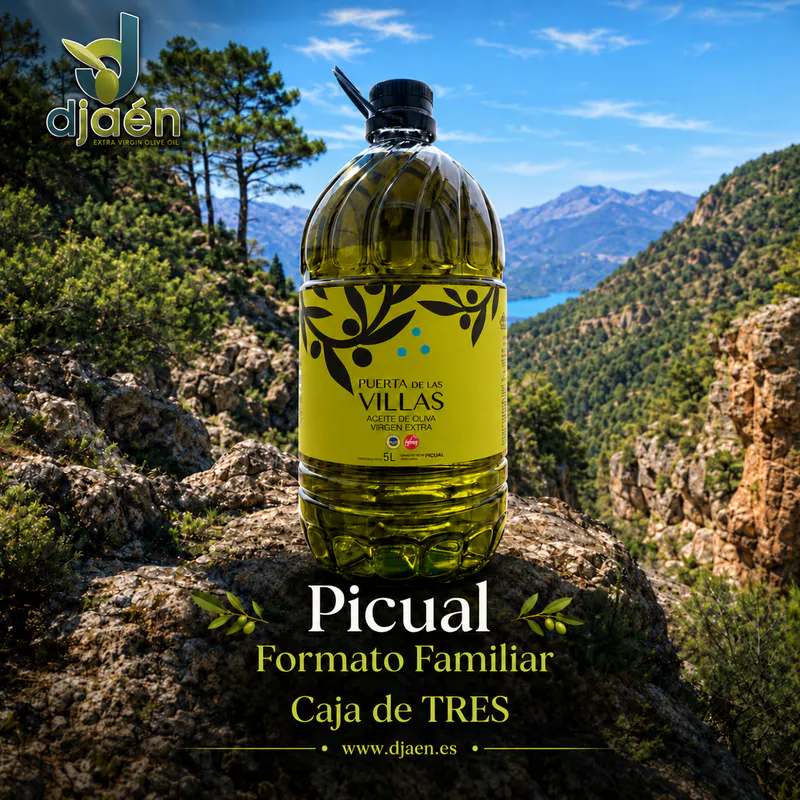 Garrafa PET 5LT Virgen Extra Picual Puerta de Las Villas en un paisaje de montaña, formato familiar en caja de tres.