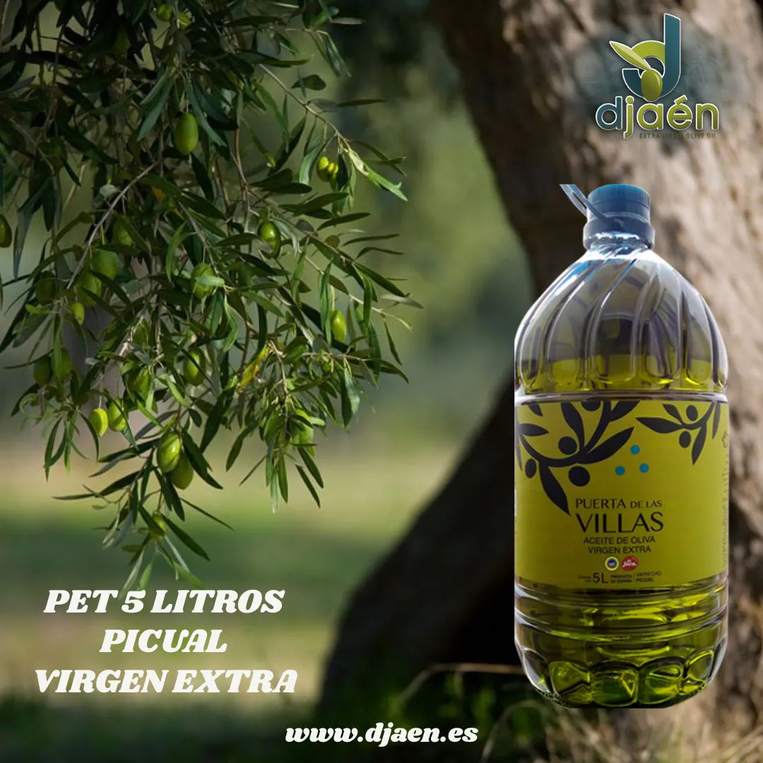 Garrafa PET 5LT Virgen Extra Picual Puerta de Las Villas junto a una rama de olivo con aceitunas.