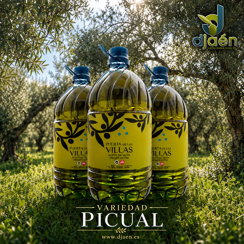 Pack de tres garrafas PET 5LT Virgen Extra Picual Puerta de Las Villas entre olivos.