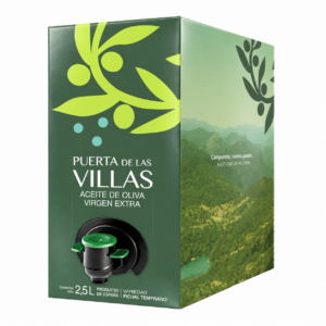 Picual Temprano Bag in Box de 2,5 litros Puerta de Las Villas, envase verde con grifo dosificador sobre fondo blanco.