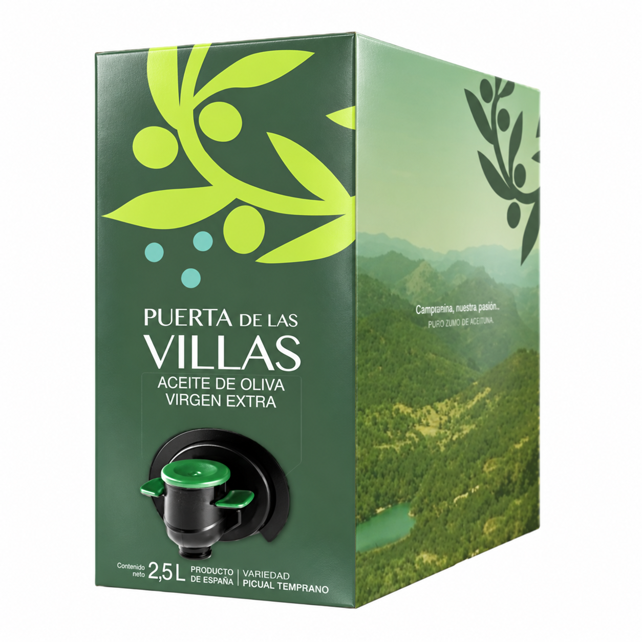 Picual Temprano Bag in Box de 2,5 litros Puerta de Las Villas, envase verde con grifo dosificador sobre fondo blanco.