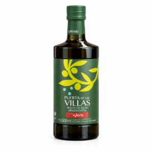 Botella ARGOS de 500 ml de Picual Temprano Virgen Extra Puerta de Las Villas, con etiqueta verde sobre fondo blanco.