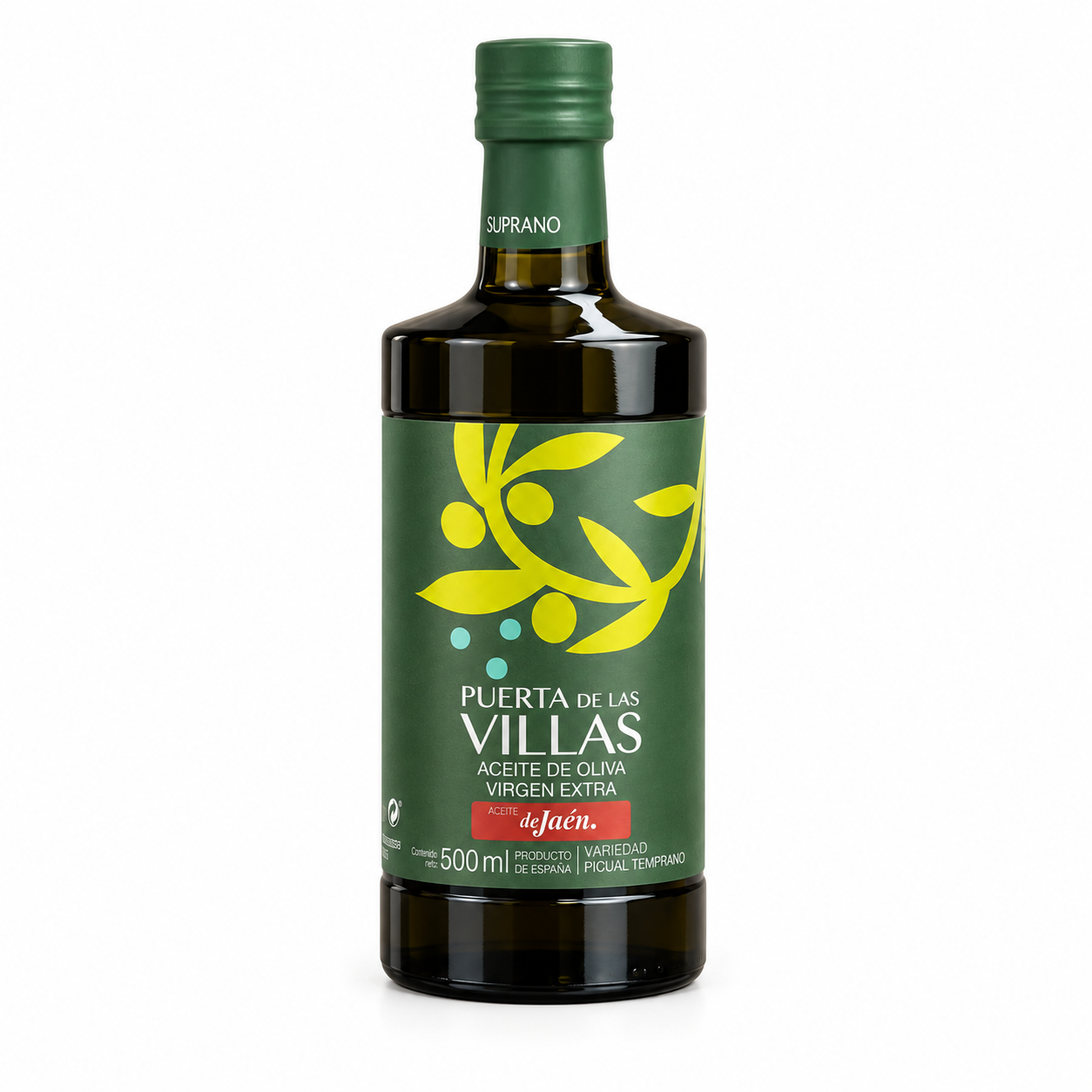 Botella ARGOS de 500 ml de Picual Temprano Virgen Extra Puerta de Las Villas, con etiqueta verde sobre fondo blanco.