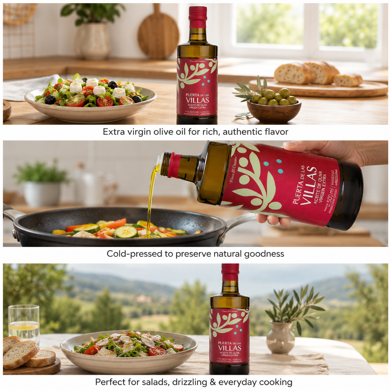 Virgen Extra Arbequina Finca El Chantre de Puerta de Las Villas junto a ensaladas y vertiéndose sobre verduras en una sartén.