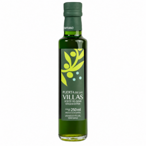 Botella dórica de AOVE Picual Temprano Puerta de las Villas de 250 ml sobre fondo blanco.