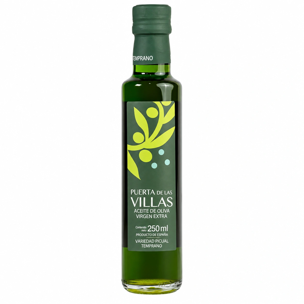 Botella dórica de AOVE Picual Temprano Puerta de las Villas de 250 ml sobre fondo blanco.