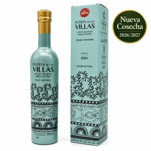 Botella y estuche de Edición Especial Picual Temprano 500 ml de Puerta de Las Villas, nueva cosecha, disponible en caja de 6 unidades.