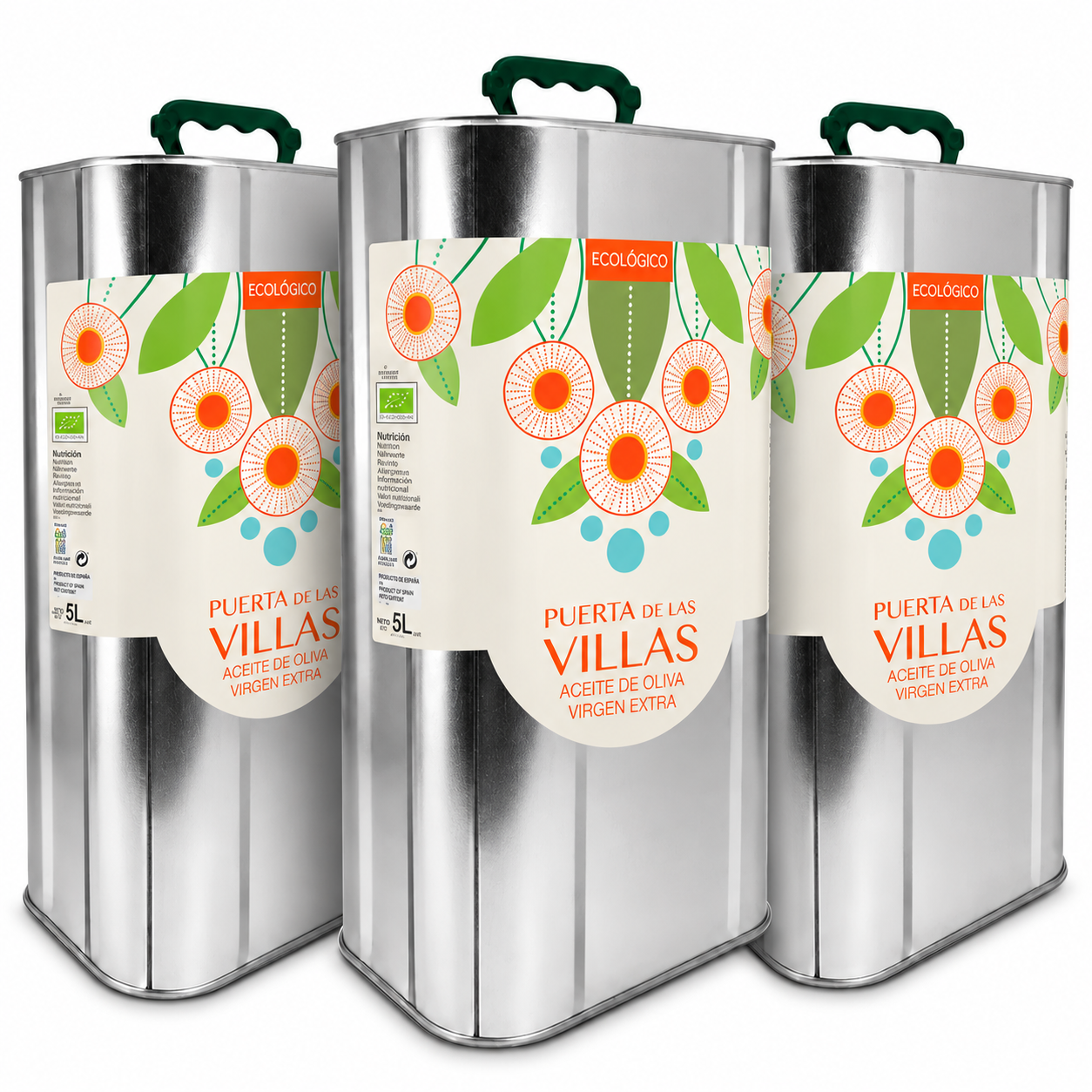 Tres latas de 5 litros de aceite Picual Envero Ecológico Puerta de Las Villas sobre fondo blanco