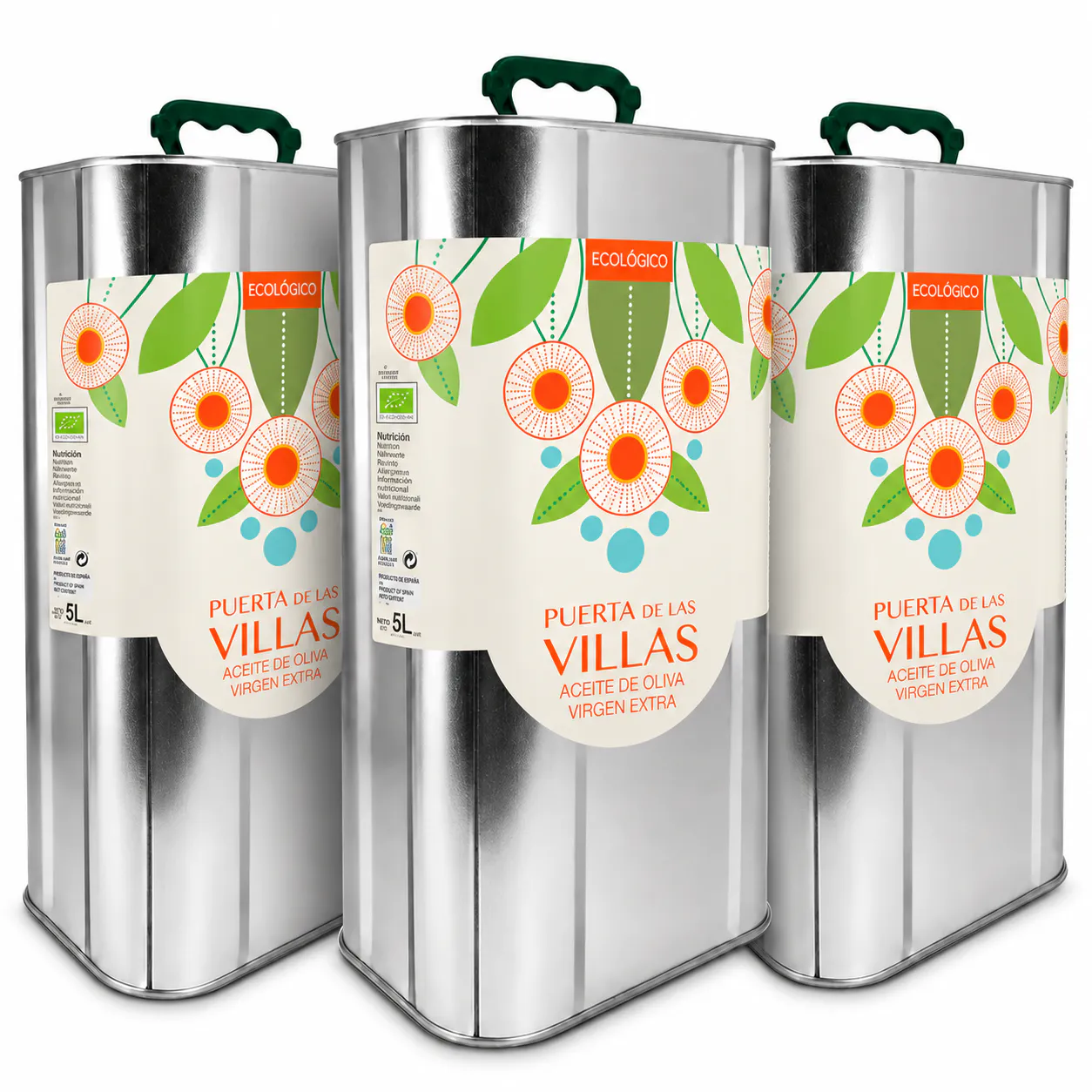 Tres latas de 5 litros de aceite Picual Envero Ecológico Puerta de Las Villas sobre fondo blanco