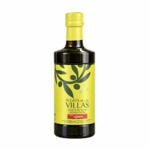 Botella de Picual Envero ARGOS de 500 ml de Puerta de Las Villas, con etiqueta y tapón amarillos sobre fondo blanco.