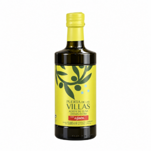Botella de Picual Envero ARGOS de 500 ml de Puerta de Las Villas, con etiqueta y tapón amarillos sobre fondo blanco.