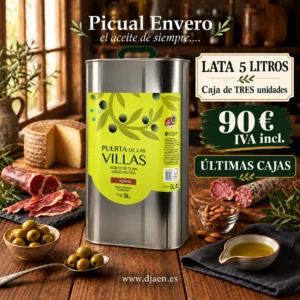 Promoción de AOVE Picual Envero Puerta de Las Villas: caja de tres latas de 5 litros por 90 €, IVA incluido.
