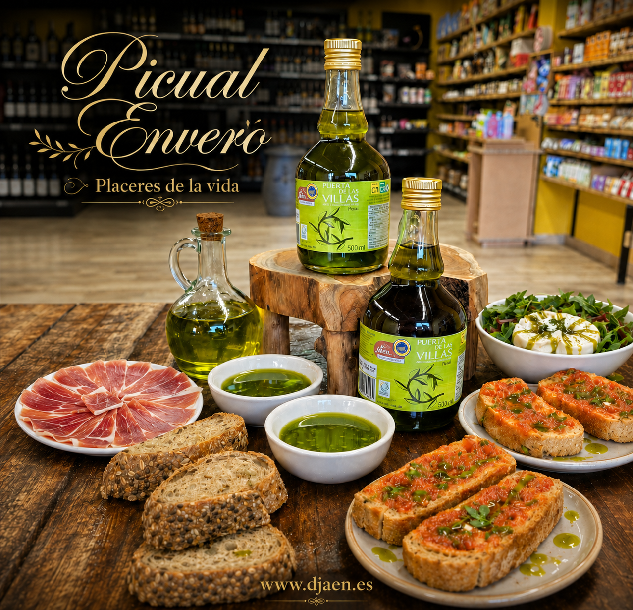 Dos botellas de Picual Envero de Puerta de Las Villas de 500 ml junto a tostadas con tomate, jamón y una ensalada.
