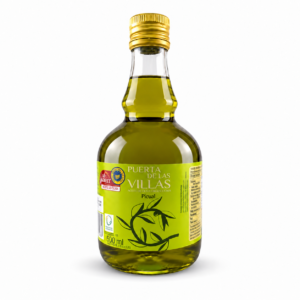 Jarra Picual Envero 500 ml de Puerta de Las Villas con etiqueta verde y tapón dorado.