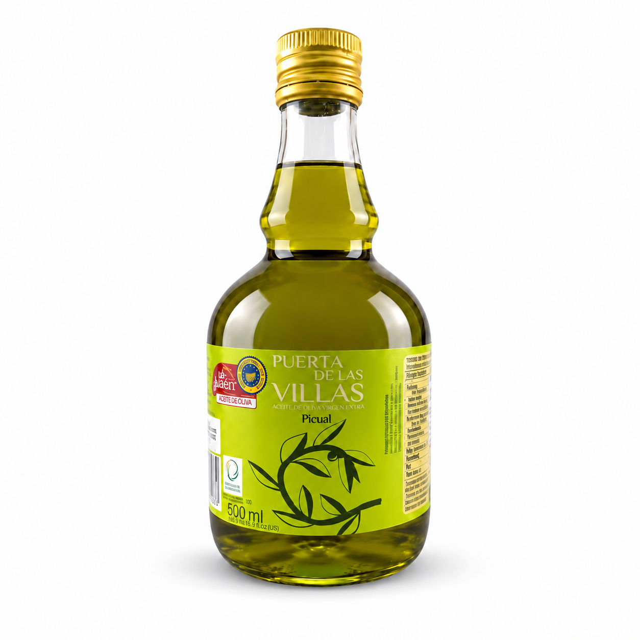 Jarra Picual Envero 500 ml de Puerta de Las Villas con etiqueta verde y tapón dorado.