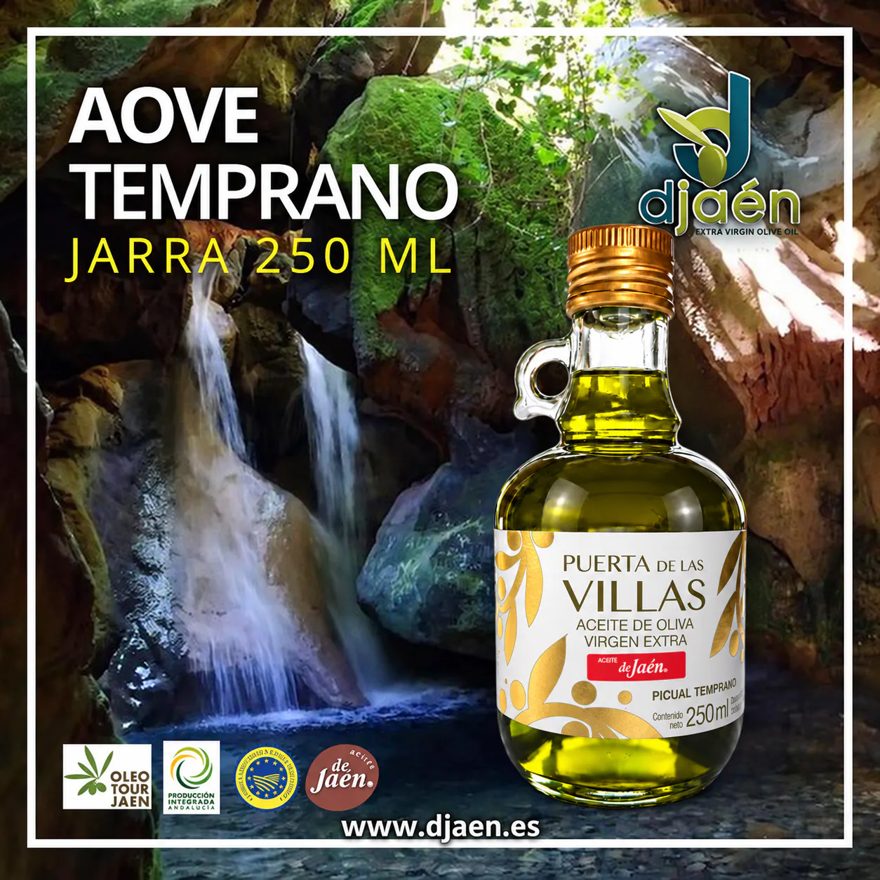 Jarra Picual Temprano de 250 ml Puerta de Las Villas sobre un fondo de cascada, con el logotipo de djaén.