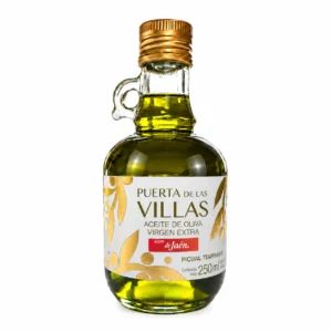 Jarra Picual Temprano de 250 ml Puerta de Las Villas, de vidrio con asa y tapón dorado, sobre fondo blanco