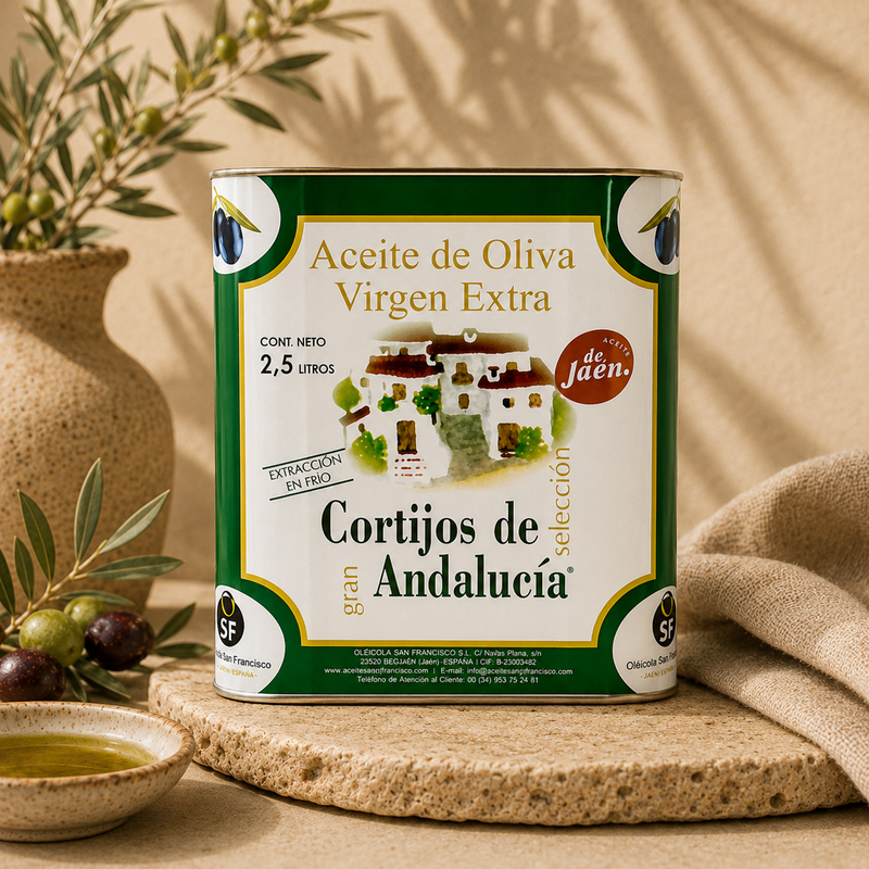 Lata Picual Virgen Extra Gran Selección "Cortijos de Andalucía". 2,5 Litros. - Imagen 2