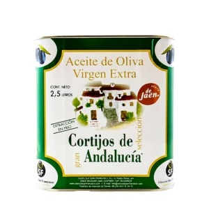 Cortijos de Andalucía lata de 2,5 litros de AOVE Gran Selección, vista frontal sobre fondo blanco.