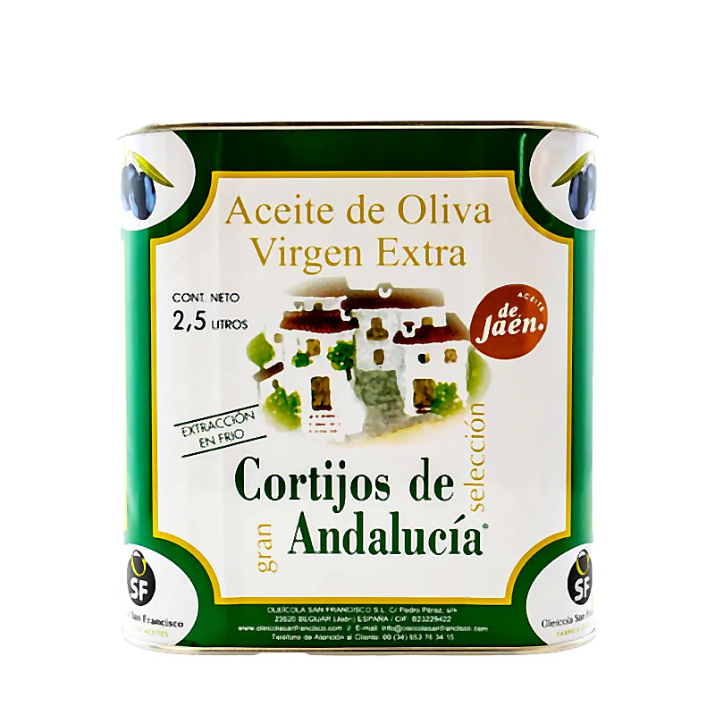 Cortijos de Andalucía lata de 2,5 litros de AOVE Gran Selección, vista frontal sobre fondo blanco.