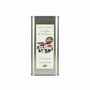 Lata AOVE Ecológico 500 ml Cortijos de Andalucía, vista frontal del envase plateado con etiqueta blanca y verde.