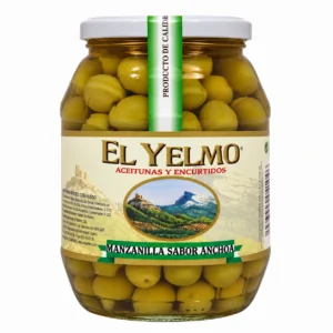 Tarro de aceitunas manzanilla con hueso sabor anchoa El Yelmo, de 500 g netos y 400 g escurridos, sobre fondo blanco.