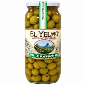 Envase de aceitunas con hueso partidas Hojiblanca El Yelmo de 550 gramos.