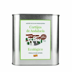 Lata de AOVE Picual Ecológico Cortijos de Andalucía de 2,5 litros sobre fondo blanco.