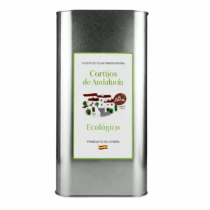 Lata de AOVE Picual Ecológico Cortijos de Andalucía de 5 litros sobre fondo blanco.