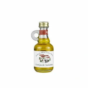 Jarra galón de AOVE Picual Cortijos de Andalucía de 40 ml, con asa de cristal y tapón dorado, sobre fondo blanco.