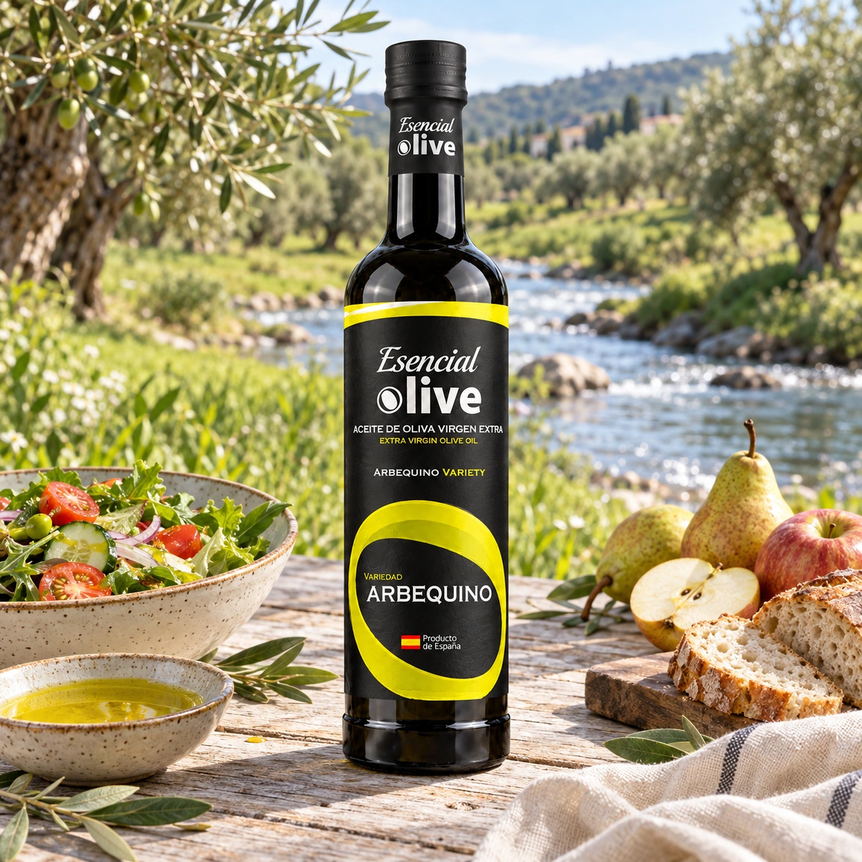 Botella de Esencial Olive Arbequina de 500 ml junto a una