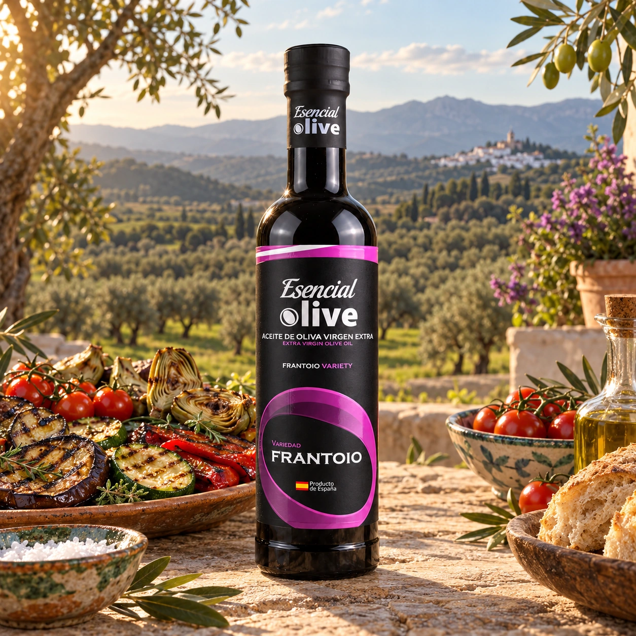 Botella de Esencial Olive Frantoio de 500 ml con verduras asadas y pan, frente a un olivar verde y montañas.