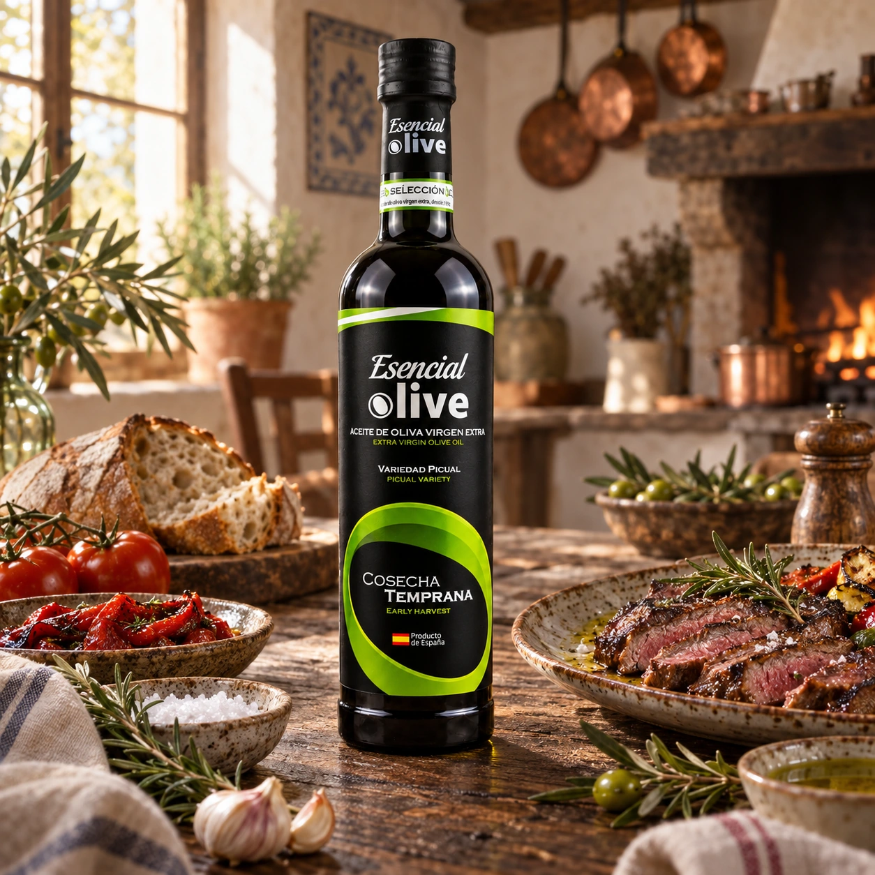Botella de Esencial Olive Picual Temprano de 500 ml con carne, pimientos y pan en una cocina antigua.