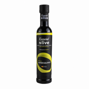 Botella de AOVE Arbequina 250 ml Esencial Olive con etiqueta negra y detalles amarillos sobre fondo blanco