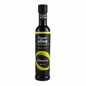Botella de AOVE Arbequina 250 ml Esencial Olive con etiqueta negra y detalles amarillos sobre fondo blanco