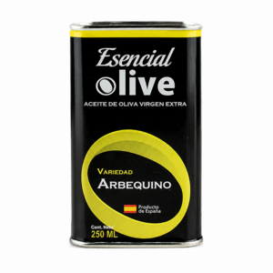 Lata de AOVE Esencial Olive Arbequino de 250 ml, negra con detalles amarillos