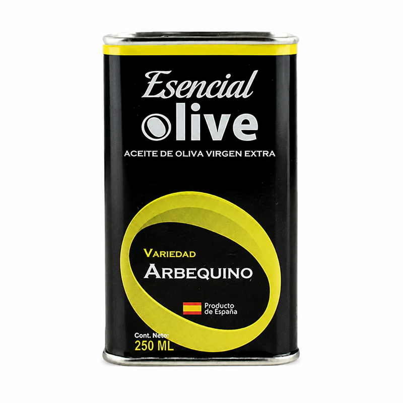 Lata de AOVE Esencial Olive Arbequino de 250 ml, negra con detalles amarillos