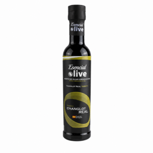 Botella de Changlot Real 250 ml Esencial Olive con etiqueta negra y detalles verde oliva sobre fondo blanco