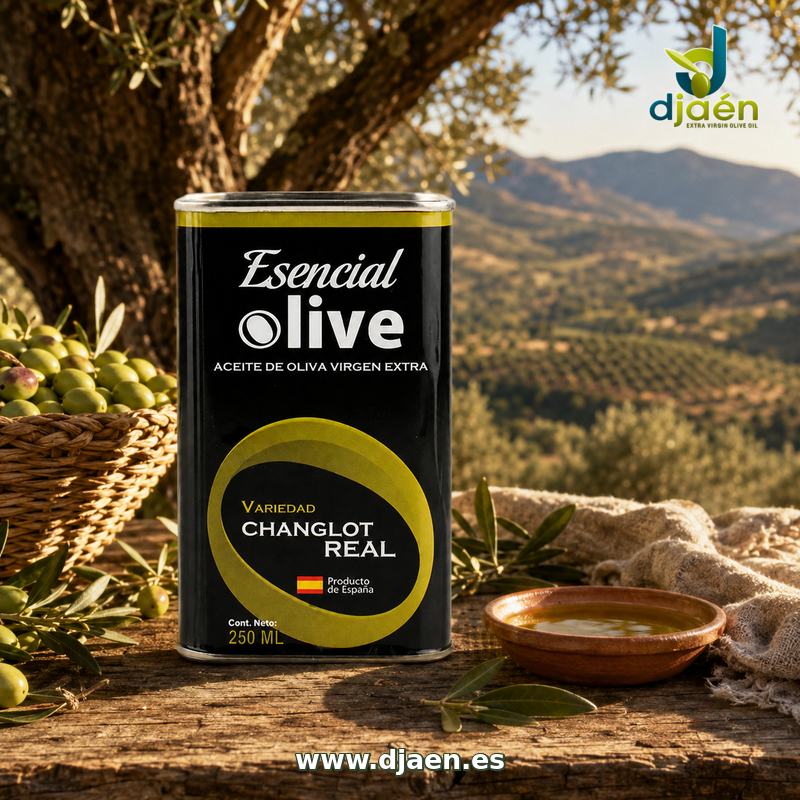 Lata Esencial Olive Changlot Real de 250 ml junto a una cesta de aceitunas y un cuenco de aceite bajo un olivo