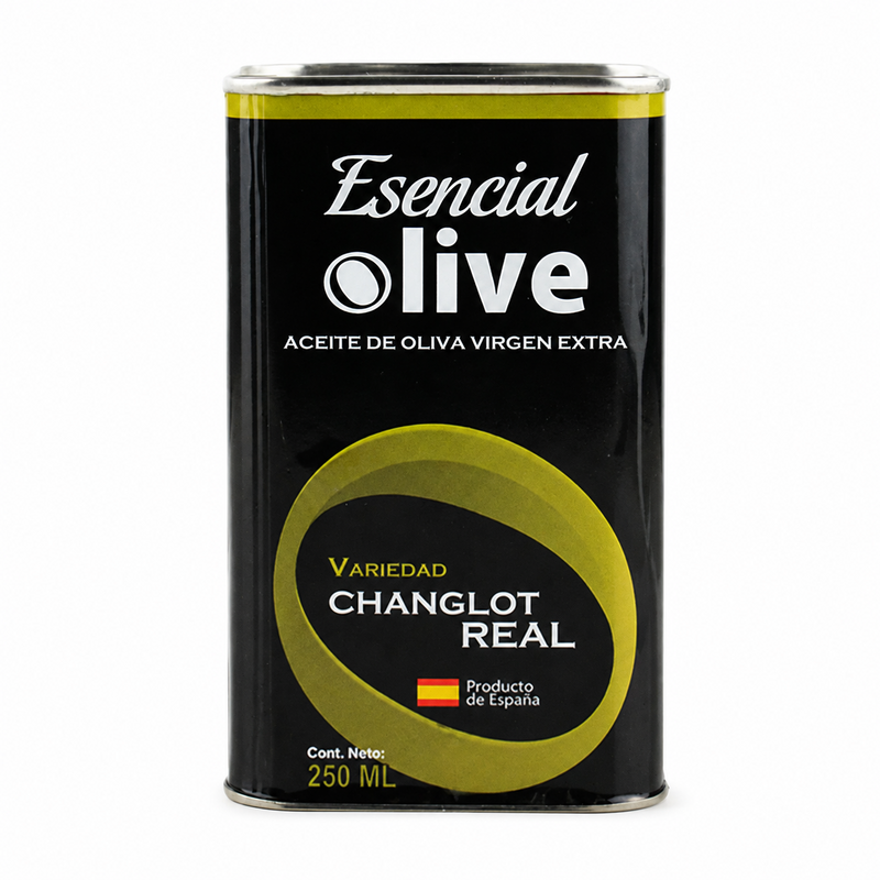 Lata de AOVE Esencial Olive Changlot Real de 250 ml, negra con detalles verde oliva
