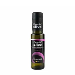 Botella de Virgen Extra Frantoio Temprano 100 ml Esencial Olive con etiqueta negra y detalles violetas sobre fondo blanco