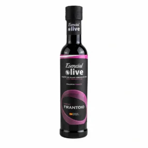Botella de AOVE Frantoio 250 ml Esencial Olive con etiqueta negra y detalles violetas sobre fondo blanco