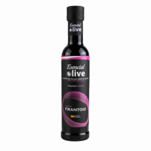 Botella de AOVE Frantoio 250 ml Esencial Olive con etiqueta negra y detalles violetas sobre fondo blanco