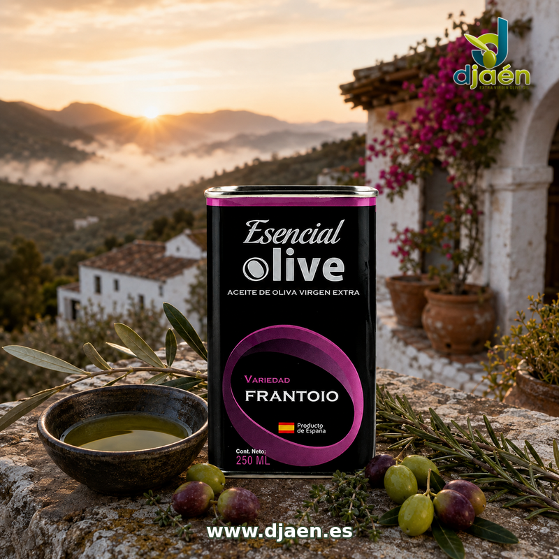 Lata de AOVE Esencial Olive Frantoio de 250 ml, negra con detalles violetas