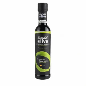 Botella de Picual Temprano 250 ml Esencial Olive con etiqueta negra y detalles verdes sobre fondo blanco