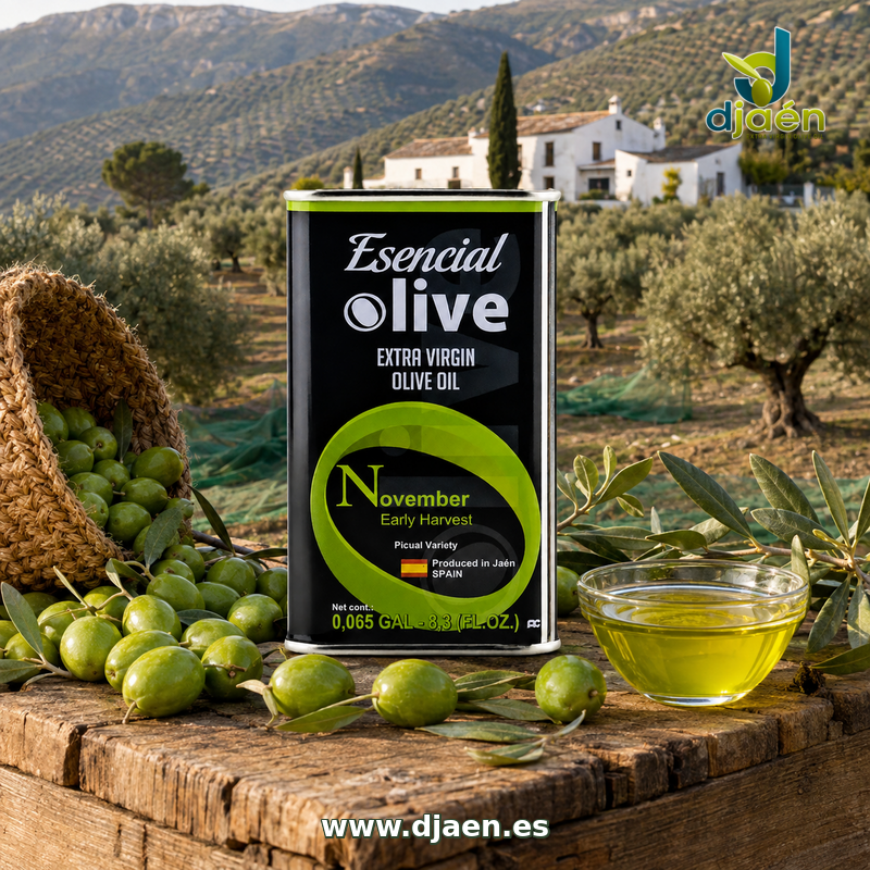 Lata Esencial Olive Picual Temprano de 250 ml con aceitunas verdes y un cuenco de aceite ante un olivar